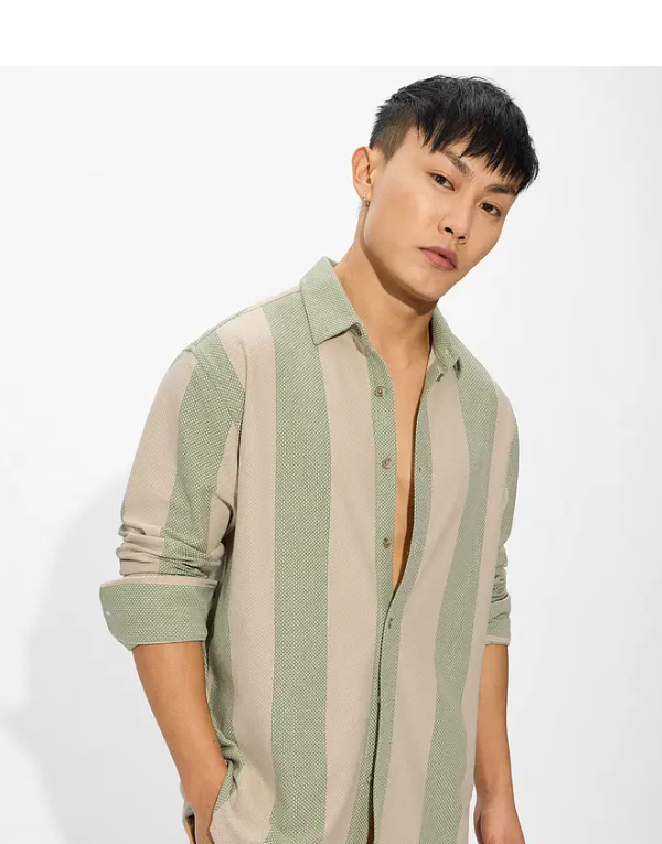Popcorn Stripes: Sage textured shirt for men